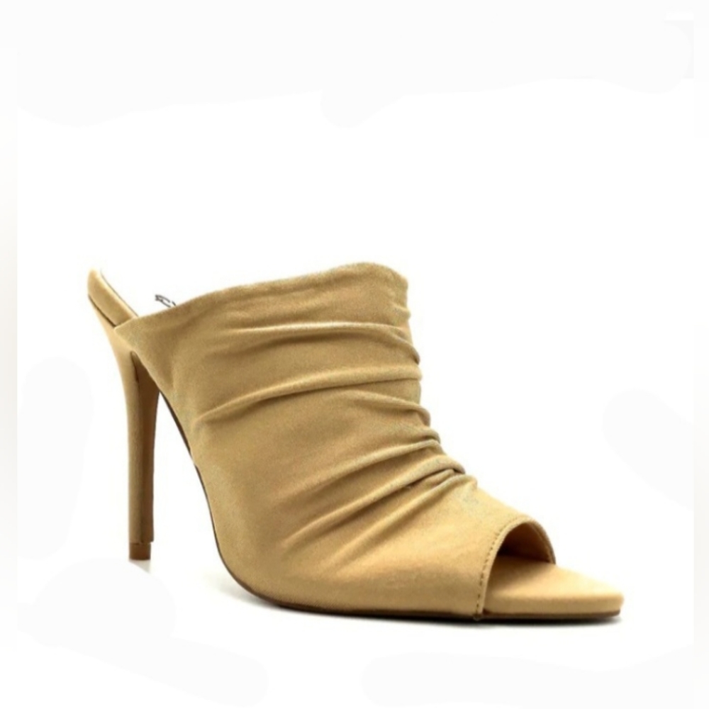 QUPID Frasier-35 Satiny Ruched Point-Toe Slip-On Slide Stiletto Mule Sandal NWT